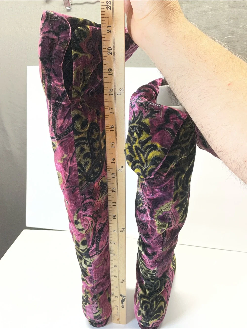 Born Pink Velvet Over-the-Knee Boots with Black and Gold Paisley
